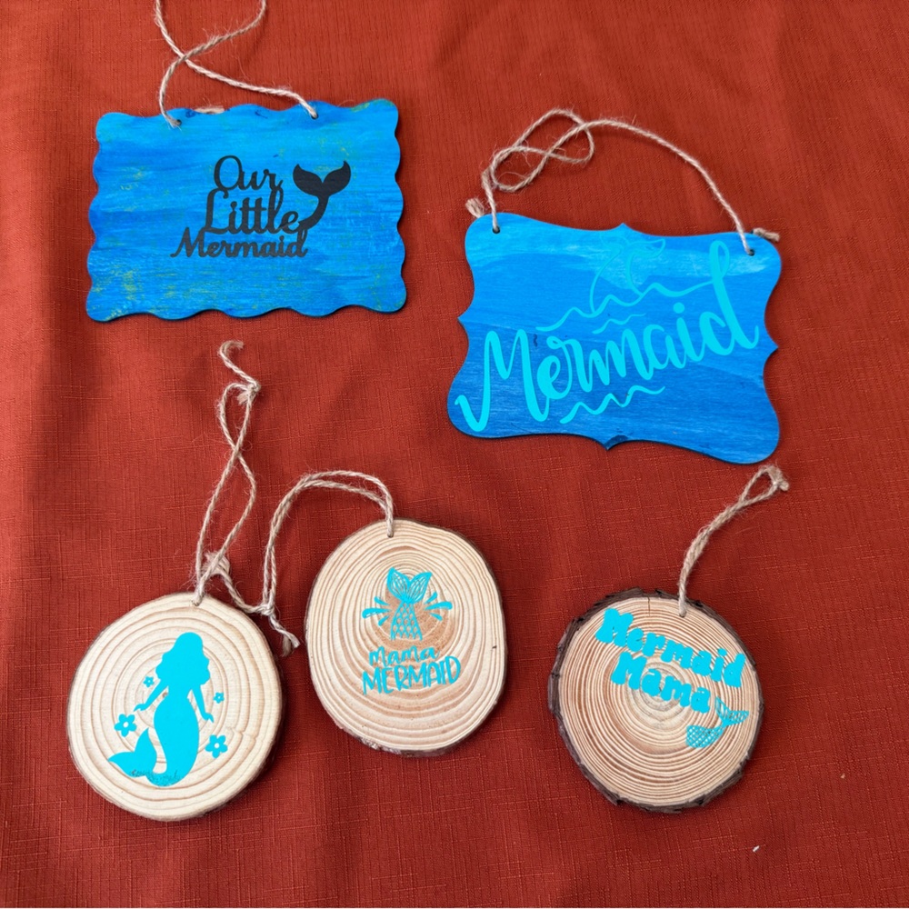 Blue and Natural Wood Mermaid Decor Set